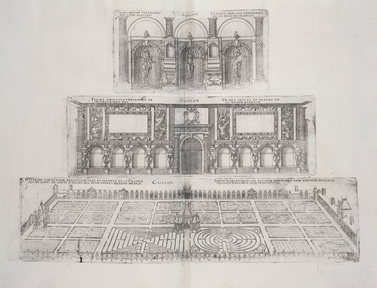 Chateau de Gaillon的花园和外观，来自法国最美丽的巴斯克人，出版于1570年代 作者 J·安德鲁·杜塞索