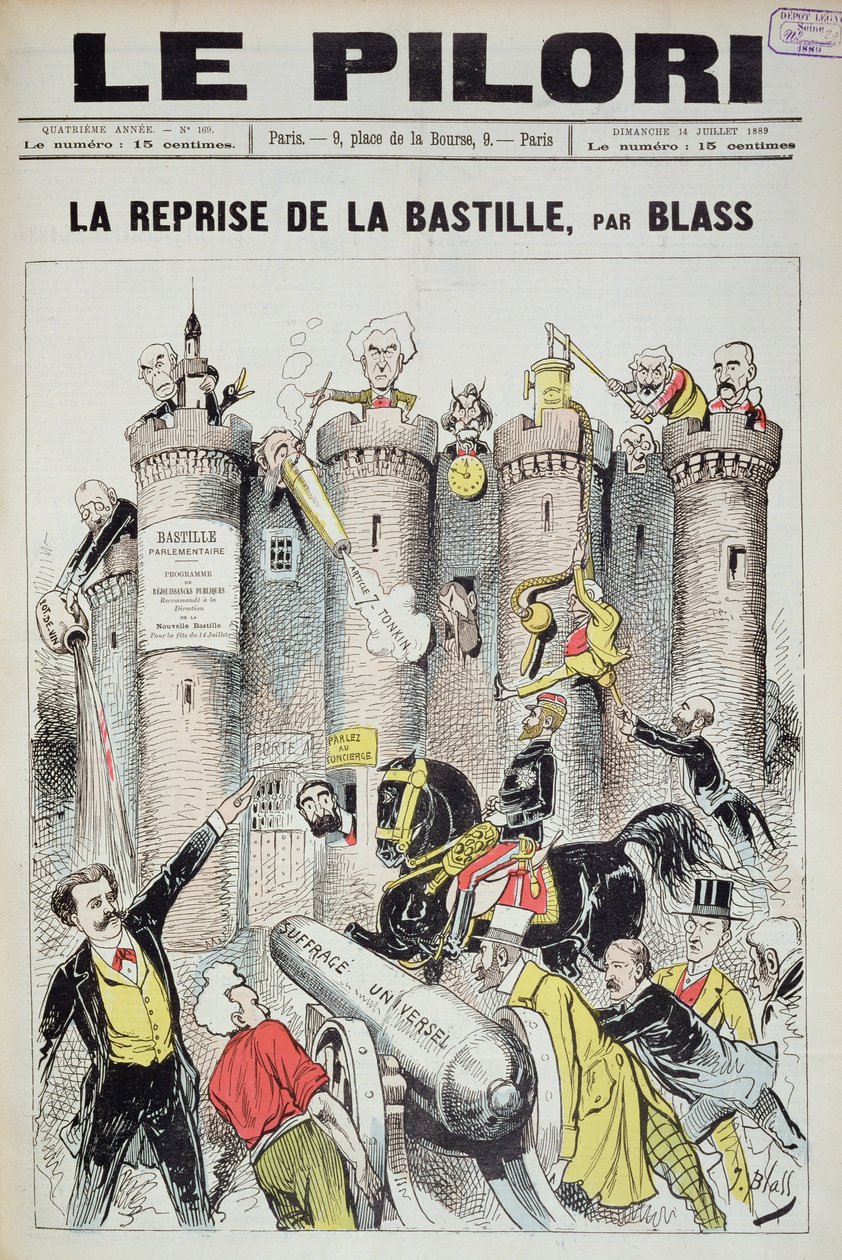 &39;Le Pilori&39;封面描绘了将军布朗格将军（1837-91）&39;夺取&39;巴士底狱，1889年7月14日法国大选的漫画 作者 帕尔