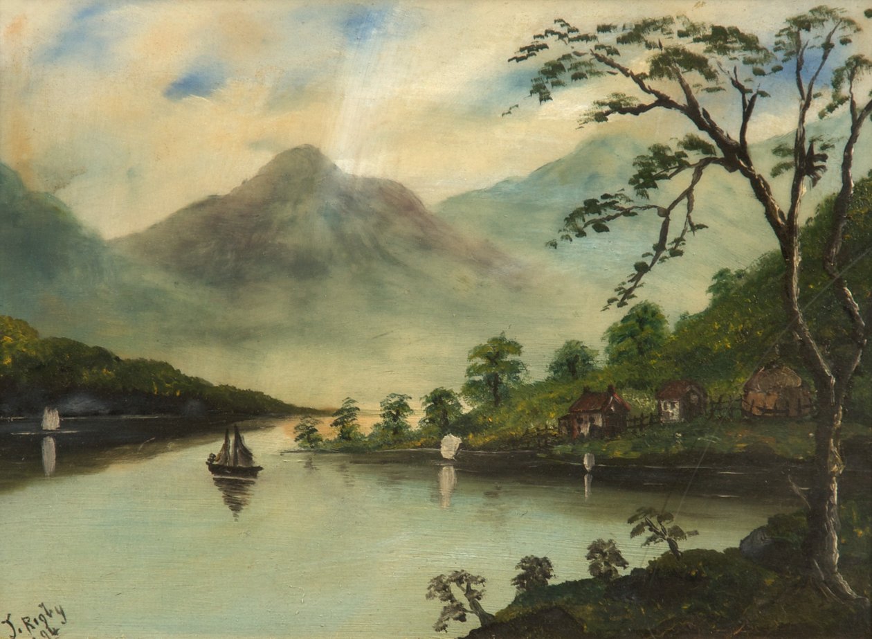 景观与湖泊，山脉和帆船，1894年（玻璃油） 作者 里格比