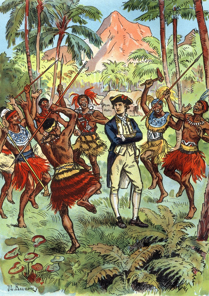 詹姆斯·库克（James Cook，1728-1779 年）和夏威夷当地人 作者 JL Beuzon (FL.1880 1940)