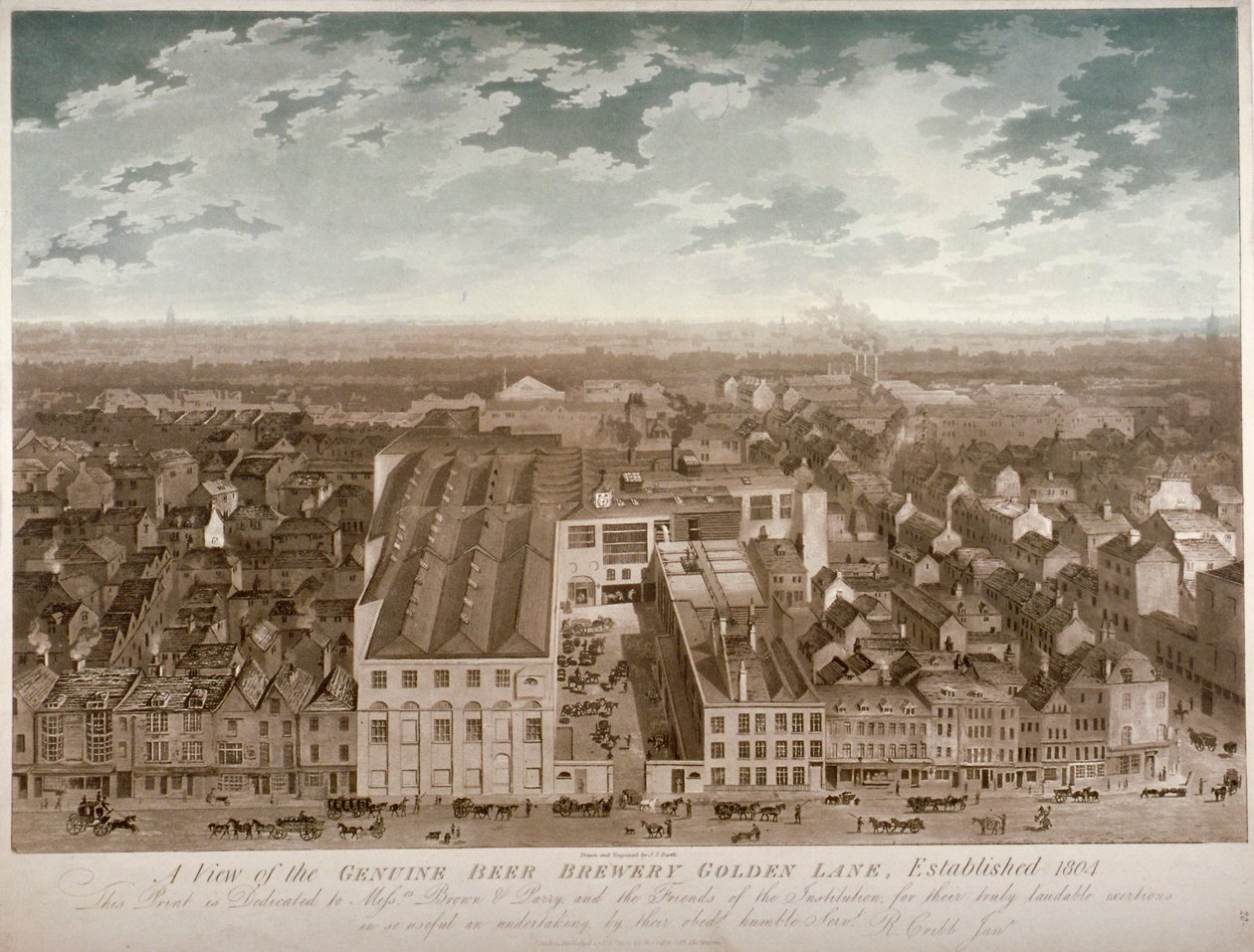 伦敦市Golden Lane的真正啤酒酿造厂鸟瞰图，1807年 作者 JS巴特