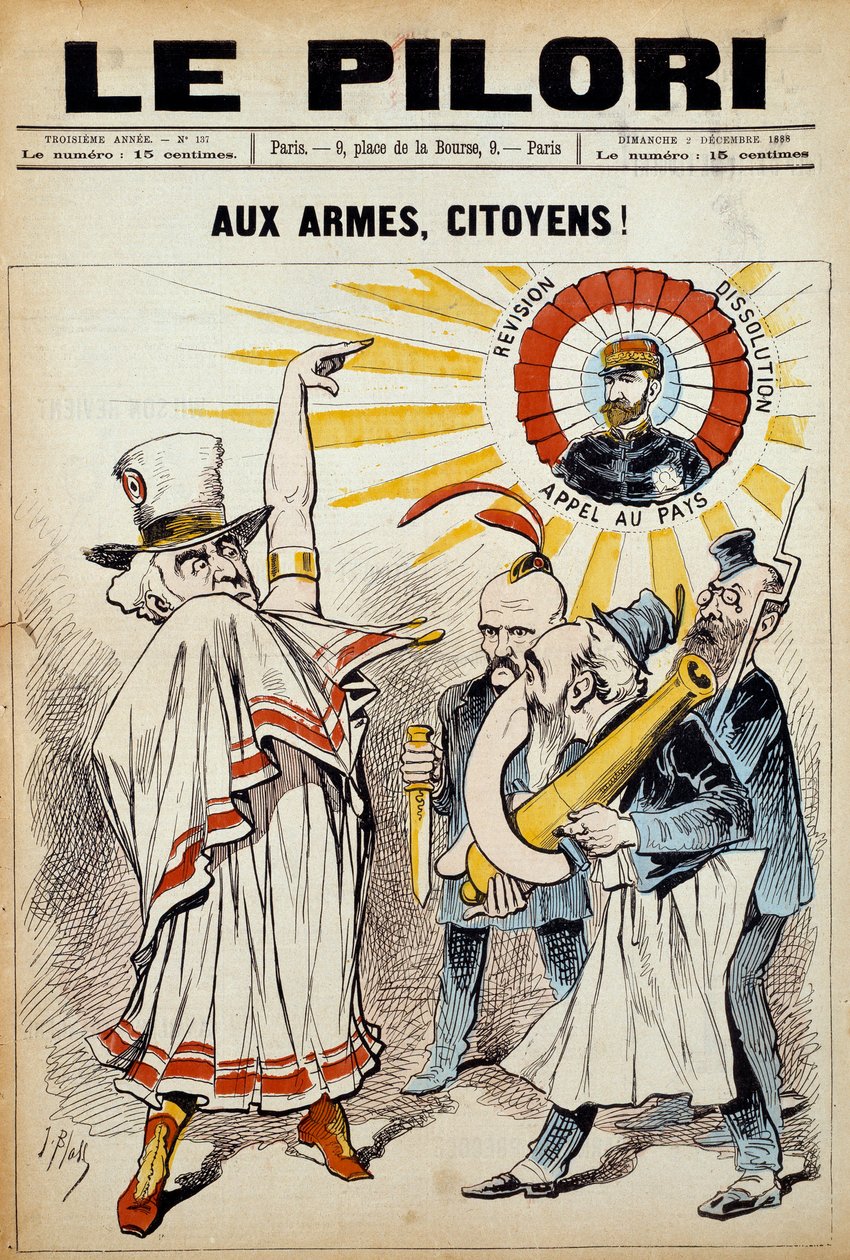 其中一份报纸 "柱子"。"对公民的武器!"1888年12月2日，在反对布兰格将军的示威中。插图：J. Blass