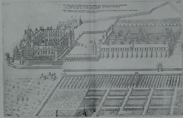 盖永城堡和花园，出自《法国最美丽的庄园》，1570年代出版（雕刻）。 作者 J.Androuet Ducerceau