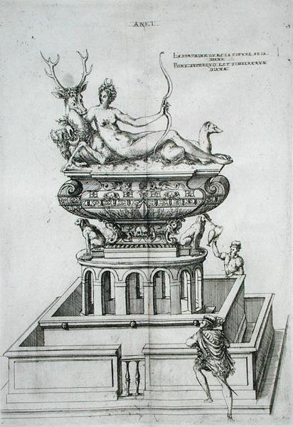 喷泉设计，出自《法国最美丽的城堡》，1570年代出版（雕刻）。 作者 J.Androuet Ducerceau