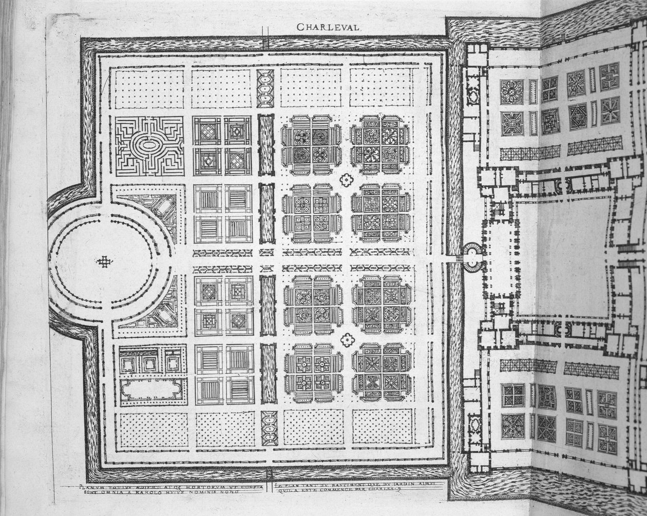 沙勒瓦的花园，摘自《法国最美丽的庄园》，1570年代出版（雕刻）。 作者 J.Androuet Ducerceau