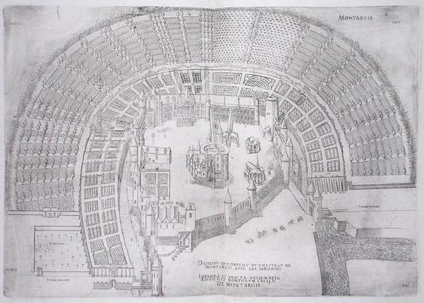 蒙塔吉斯城堡及其花园，出自《法国最美丽的城堡》，1570年代出版（雕刻）。 作者 J.Androuet Ducerceau