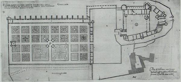 封闭式花园和盖隆城堡的平面图，出自《法国最美丽的庄园》，1570年代出版（雕刻）。 作者 J.Androuet Ducerceau