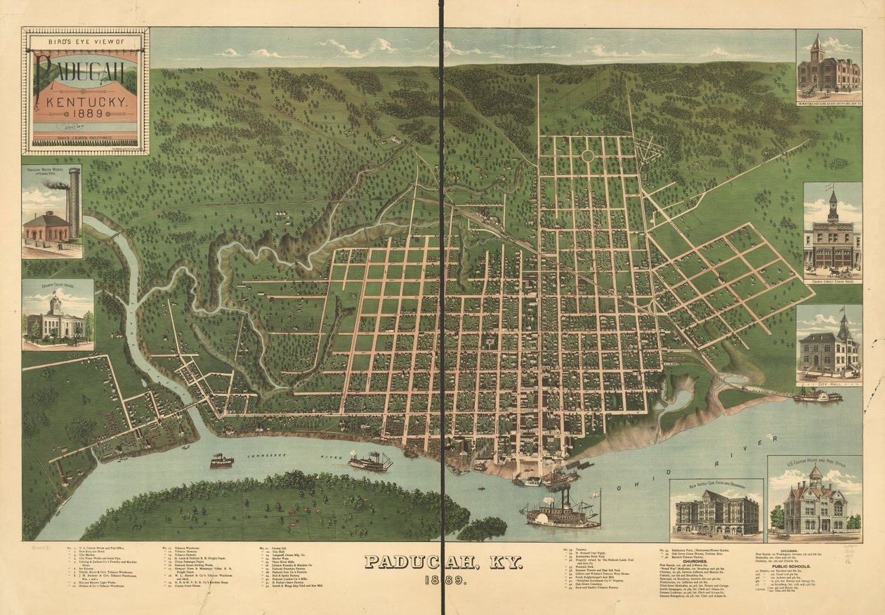 1889 年肯塔基州帕杜卡鸟瞰图。 作者 J布兰顿；克雷布斯平版印刷公司 Postlethwaite