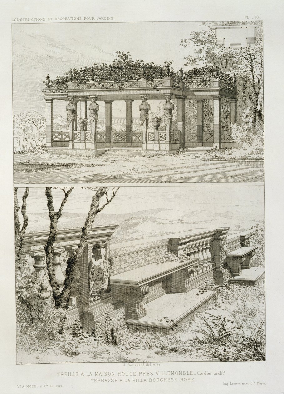 位于Villemomble附近的La Maison Rouge的凉棚，由Cordier设计，以及Villa Borghese的露台，罗马，1880年 作者 J·布萨德