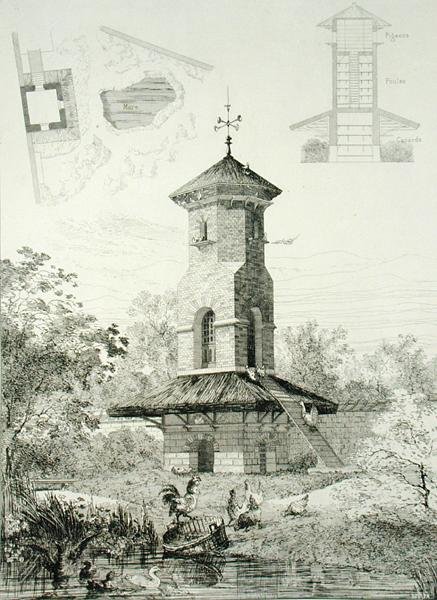 沙特雷特的禽类庇护所，出自《花园的建设与装饰》，约1880年出版（雕刻）。 作者 J·布萨德
