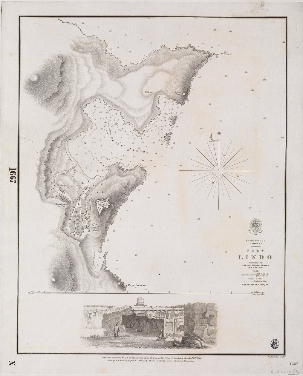 罗得岛一群岛，林多港，由托马斯-格雷夫斯船长于 1842 年在英国皇家海军 "灯塔 "号上勘测 作者 J·C·沃克