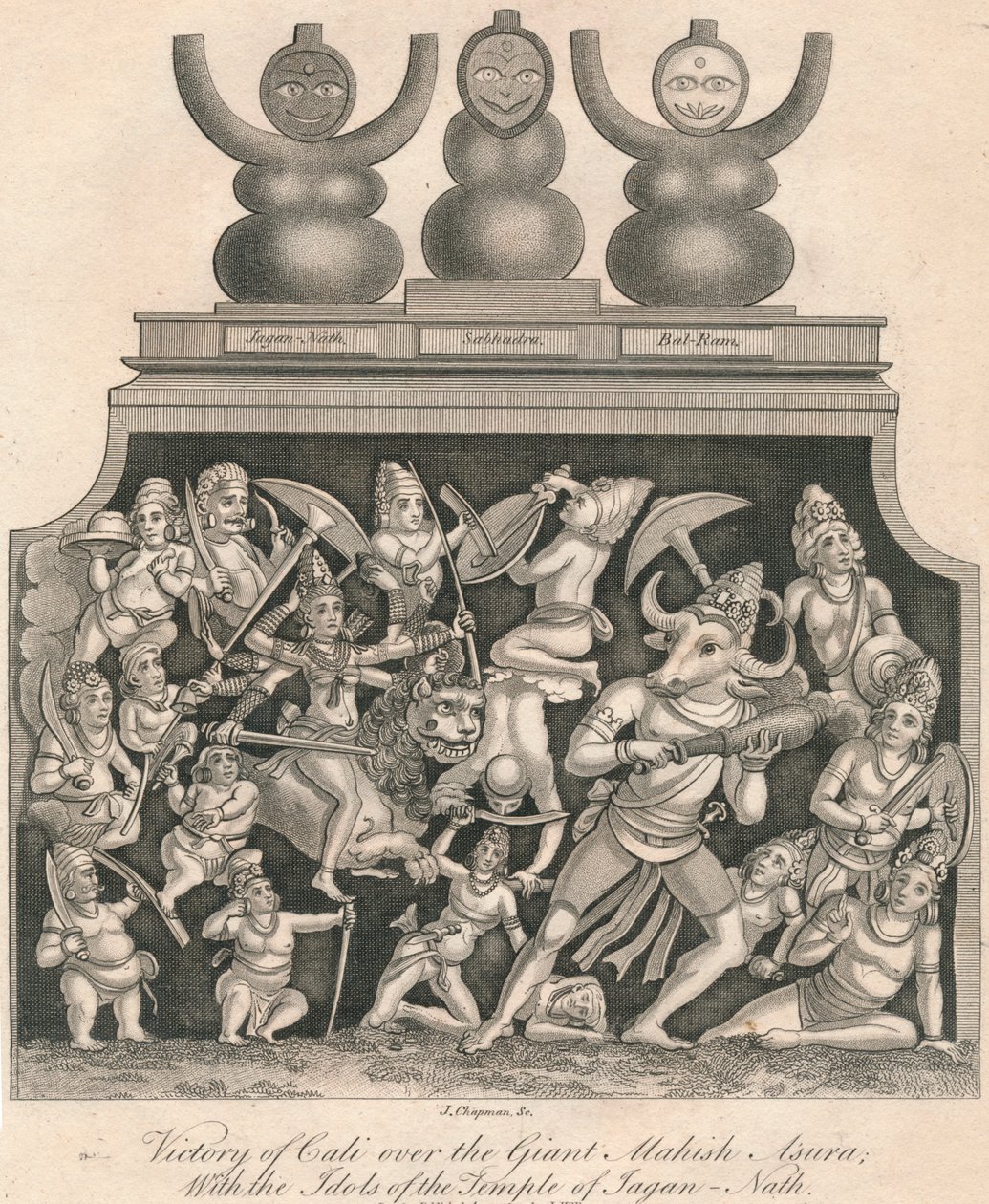 卡利（Cali）夺取巨型Mahish阿修罗（Association of Mahish Asura）的胜利，与贾根·纳特（Jagan-Nath）神庙的偶像一起，1809年。 作者 查普曼
