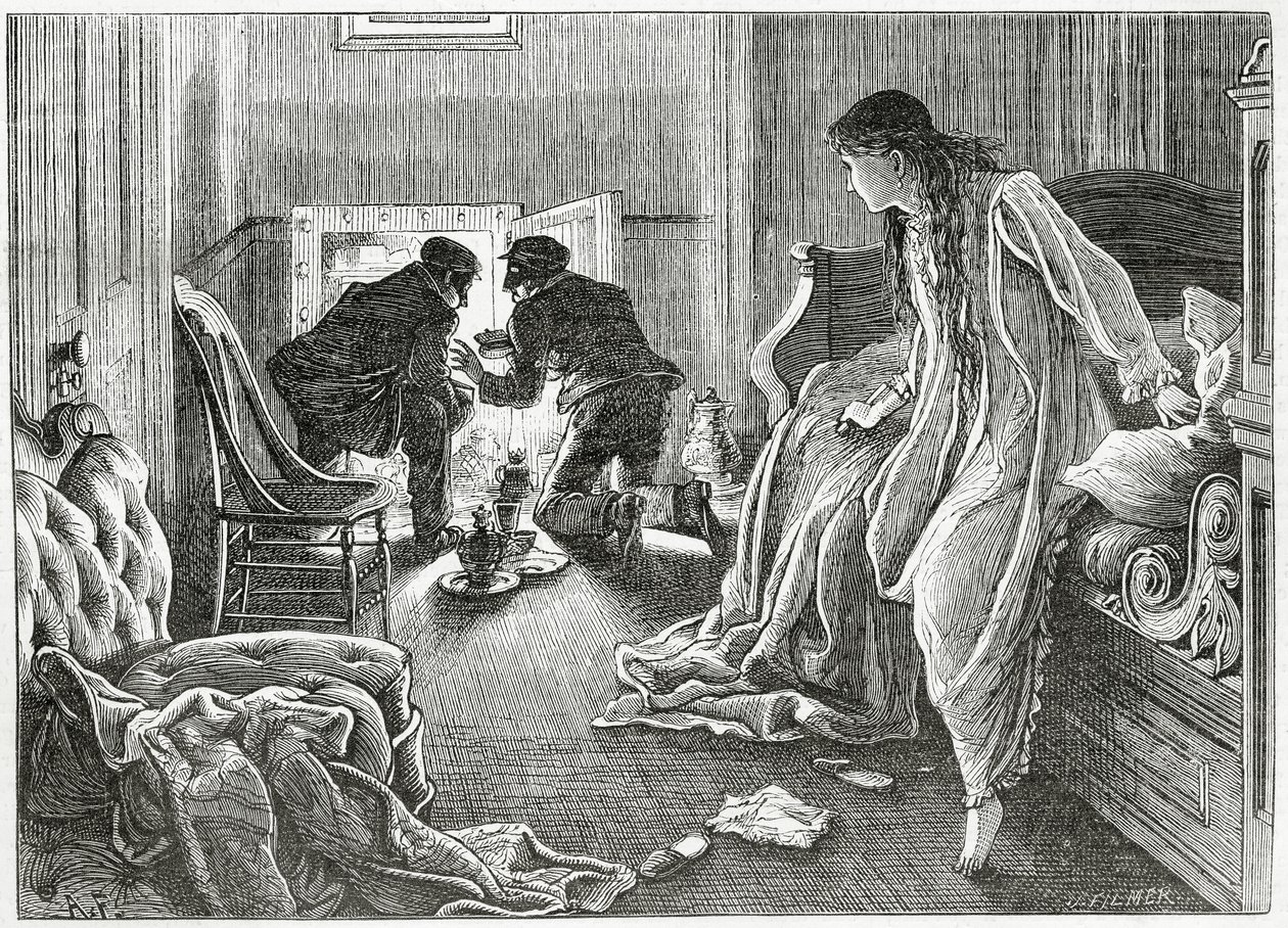 我非常轻柔地举起手，从枕头下面画出匕首，插图为惊悚片犯罪故事“伤痕的故事”，来自&39;Appleton&39;s Journal&39;，1872年3月23日 作者 菲勒