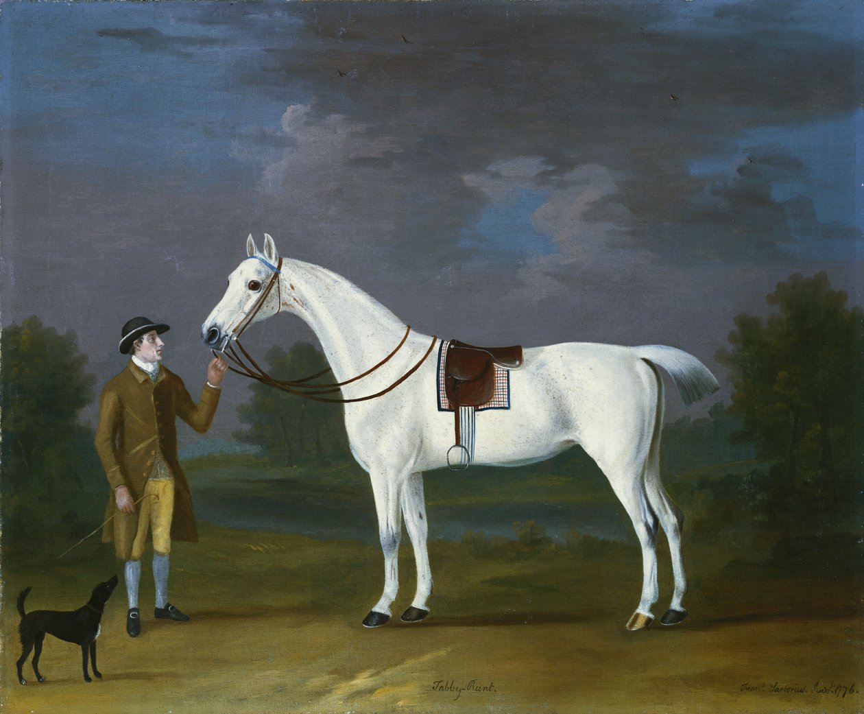 Tabby Runt”，一位灰色猎人，与他的主人和一条小猎犬一起在河边风景中，1776年 作者 弗朗西斯·萨托里乌斯