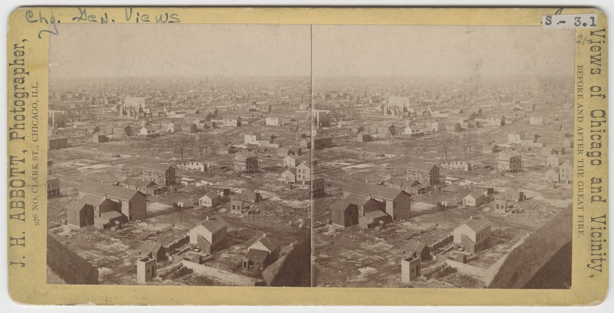 1871年芝加哥火灾后的水塔西北西北的立体图，1871年（卡上的照片） 作者 雅培（JH Abbott）