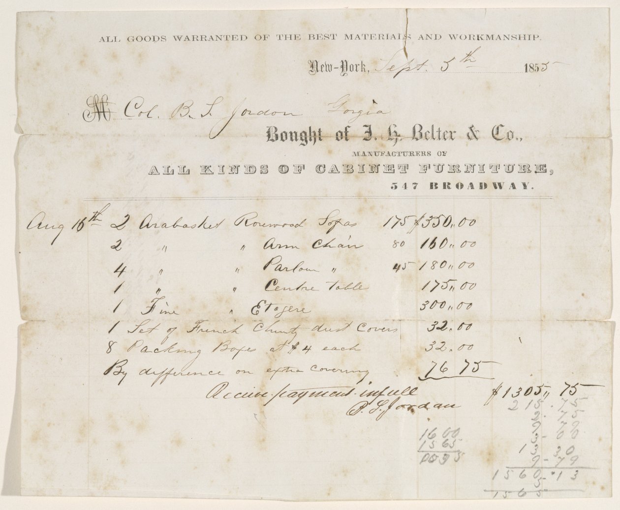 1855年9月5日，Sale of Col. BS Jordan（纸上墨水） 作者 JH贝尔特公司JH贝尔特公司