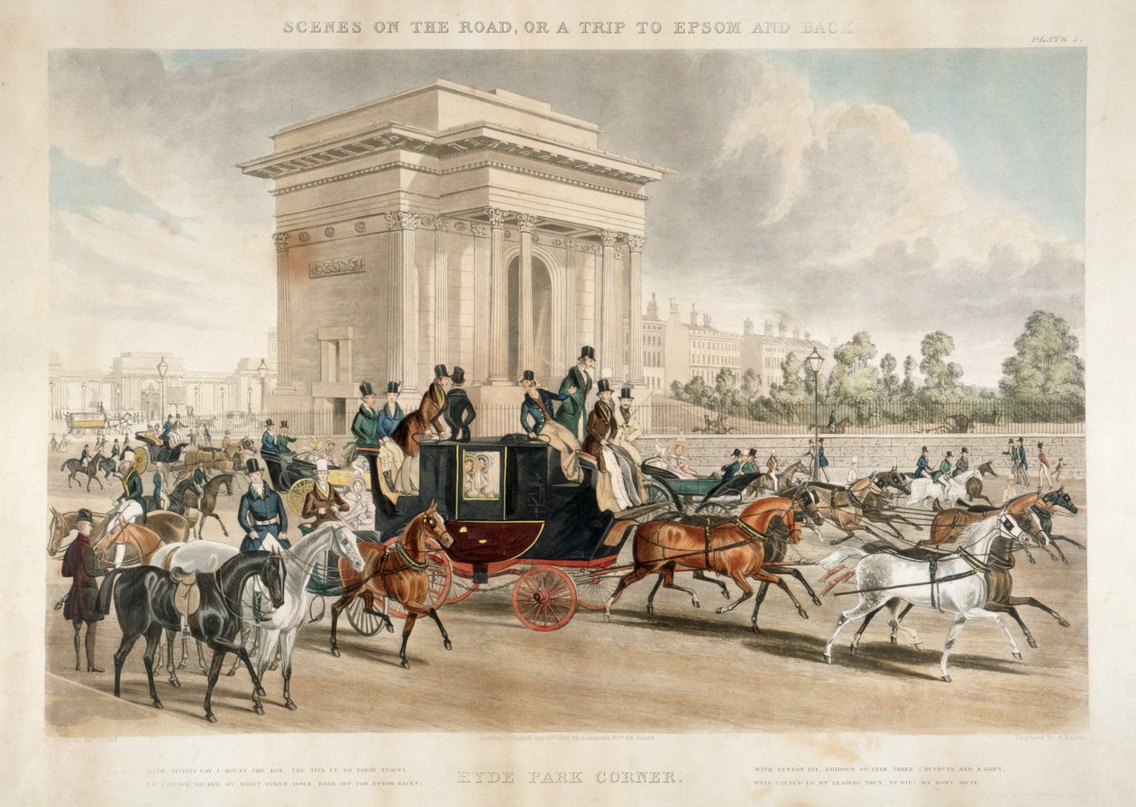 沿着海德公园角的马车，伦敦，1838年 作者 J哈里斯