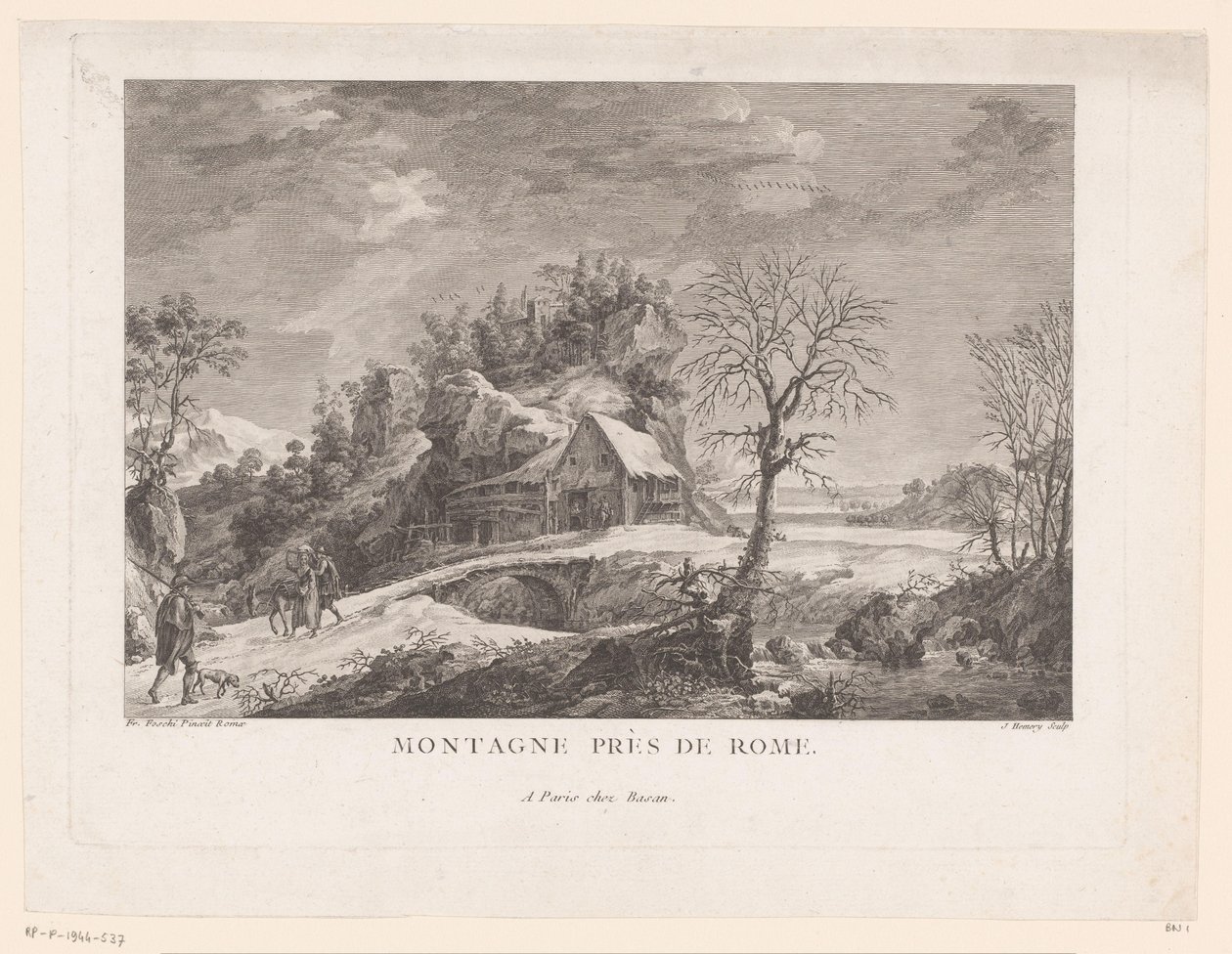 一座桥附近房子的景色，上面有人物 Montagne près de Rome（物体上的标题） 作者 J.赫默里