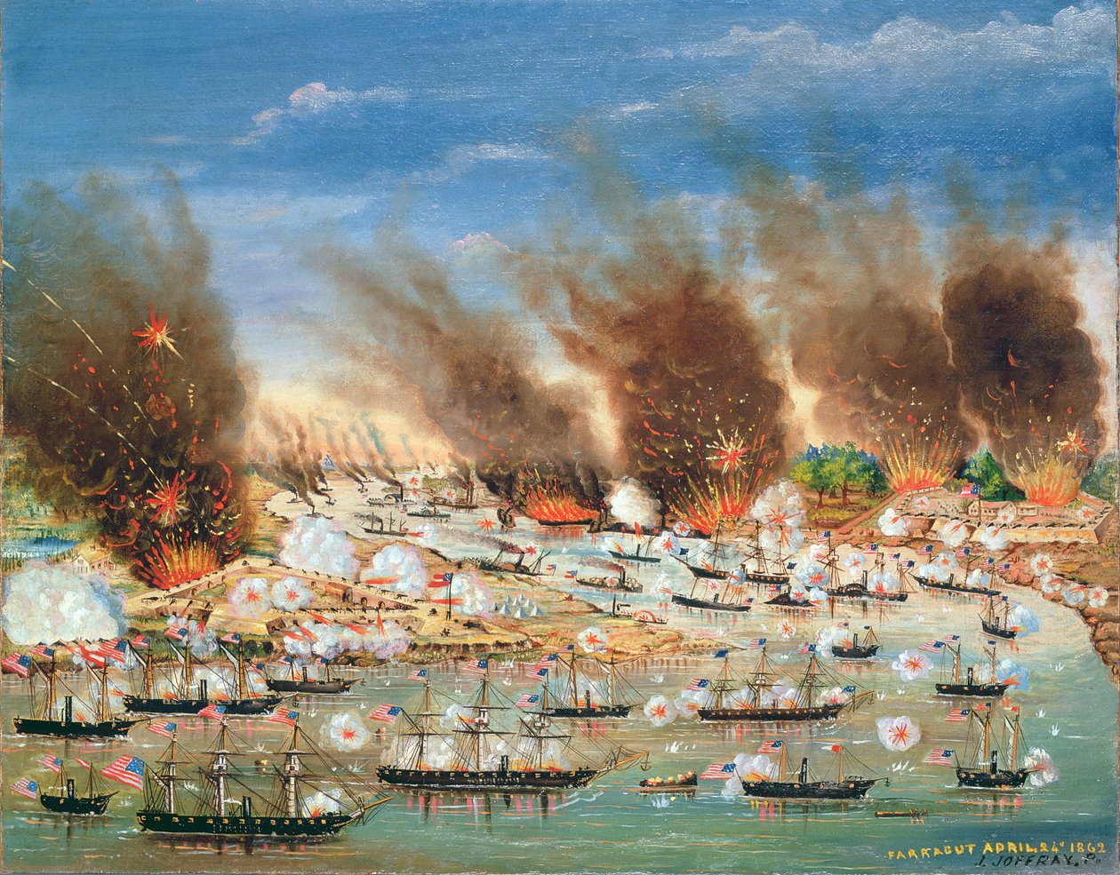1862年，Farraguts舰队经过杰克逊堡和圣菲利普堡 作者 乔佛里