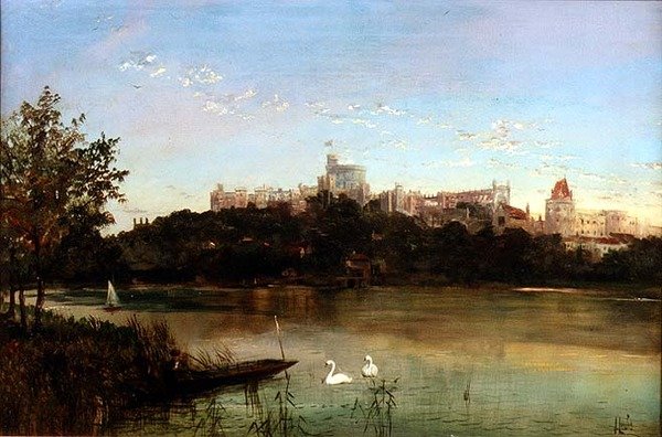 泰晤士河上的人物和天鹅，背景是温莎城堡（布面油画）。 作者 路易斯
