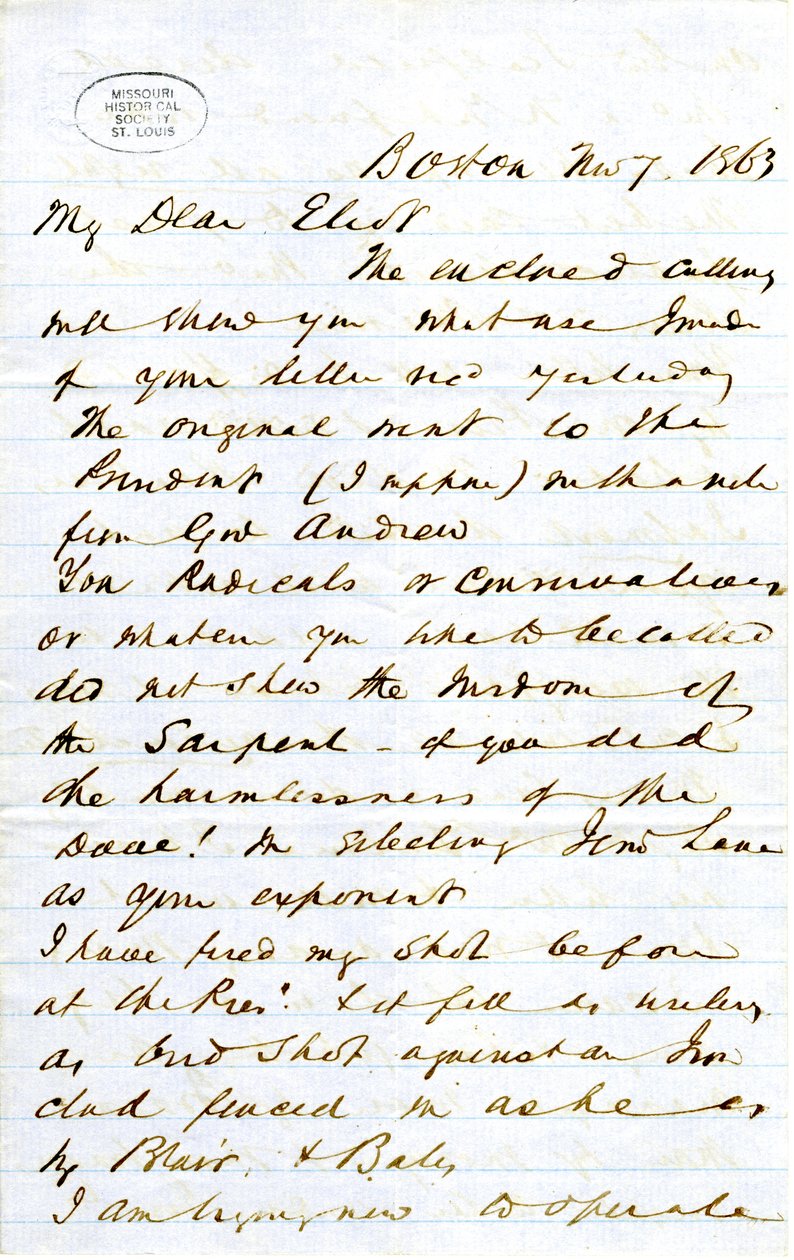 1863年11月7日，署名J.M.F[J.M. Forbes]，波士顿，致艾略特[William G. Eliot]的信 作者 JM福布斯