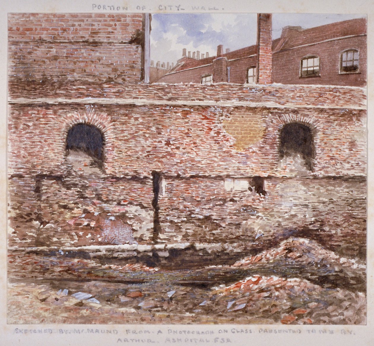 伦敦城墙的一部分，显示了伦敦市库伯街的内部面貌，1864年。               作者 J·芒德