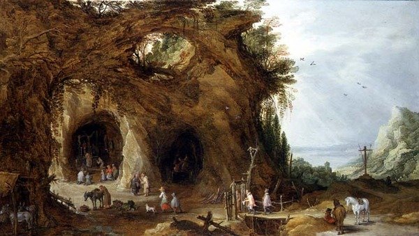 山地风景中的神龛前的朝圣者（油画板）。 作者 J. 和 Momper J. de Brueghel