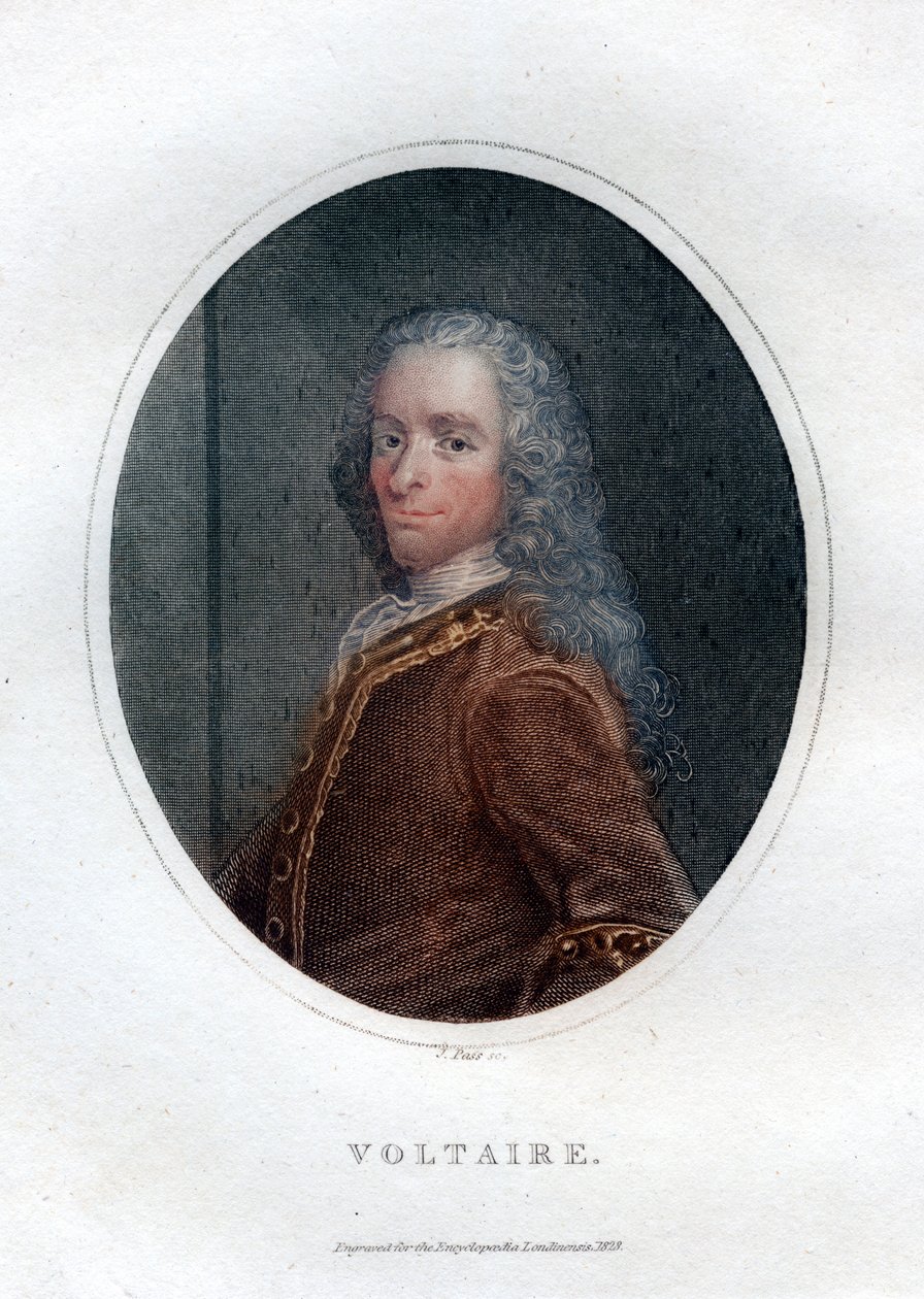 弗朗索瓦·玛丽·阿鲁埃·伏尔泰（Francois Marie Arouet Voltaire），18世纪法国作家和讽刺作家，1828年。 作者 J.帕斯
