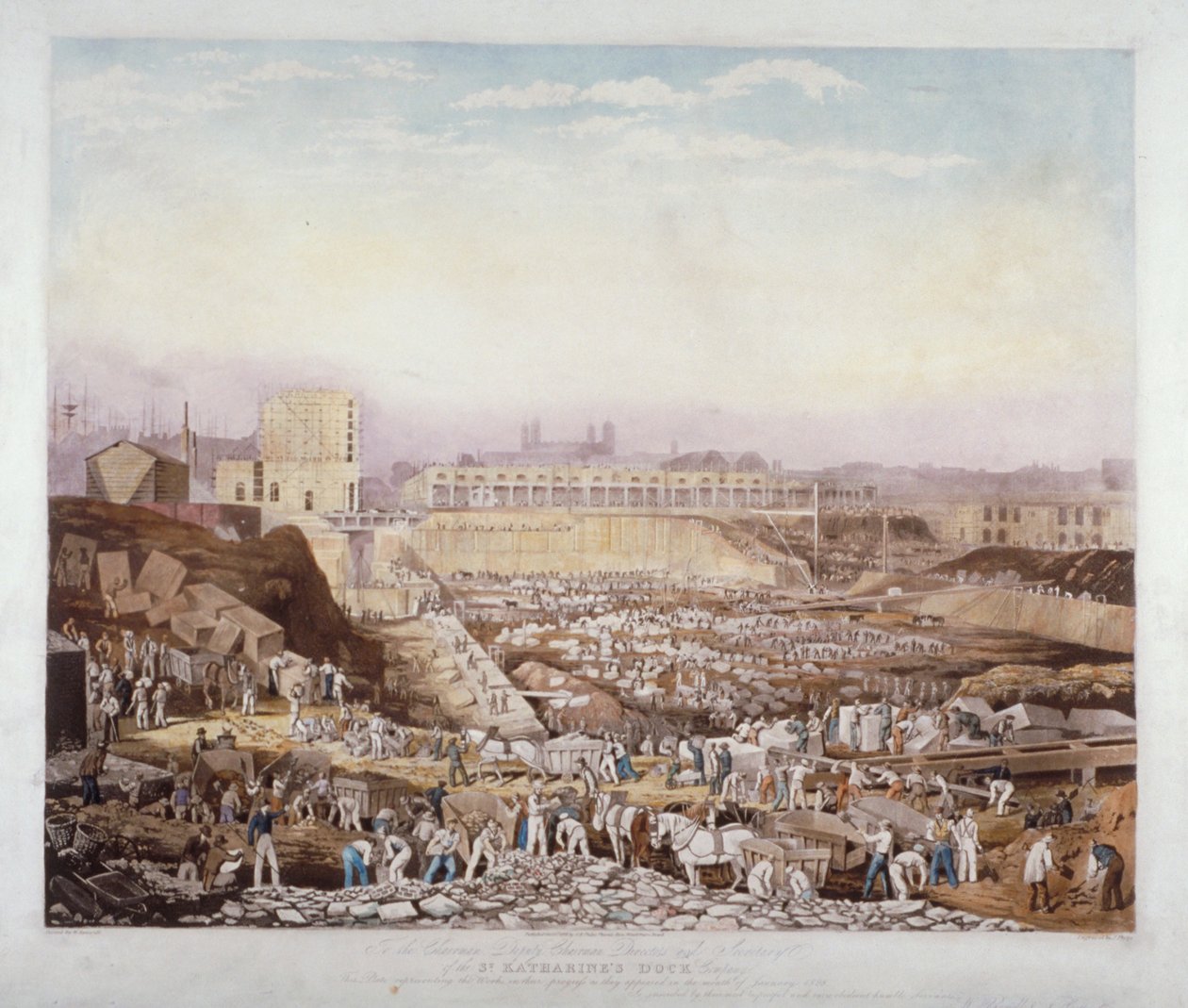 1828年1月，伦敦斯蒂芬尼的圣凯瑟琳码头的建筑工程景观 作者 J菲尔普斯
