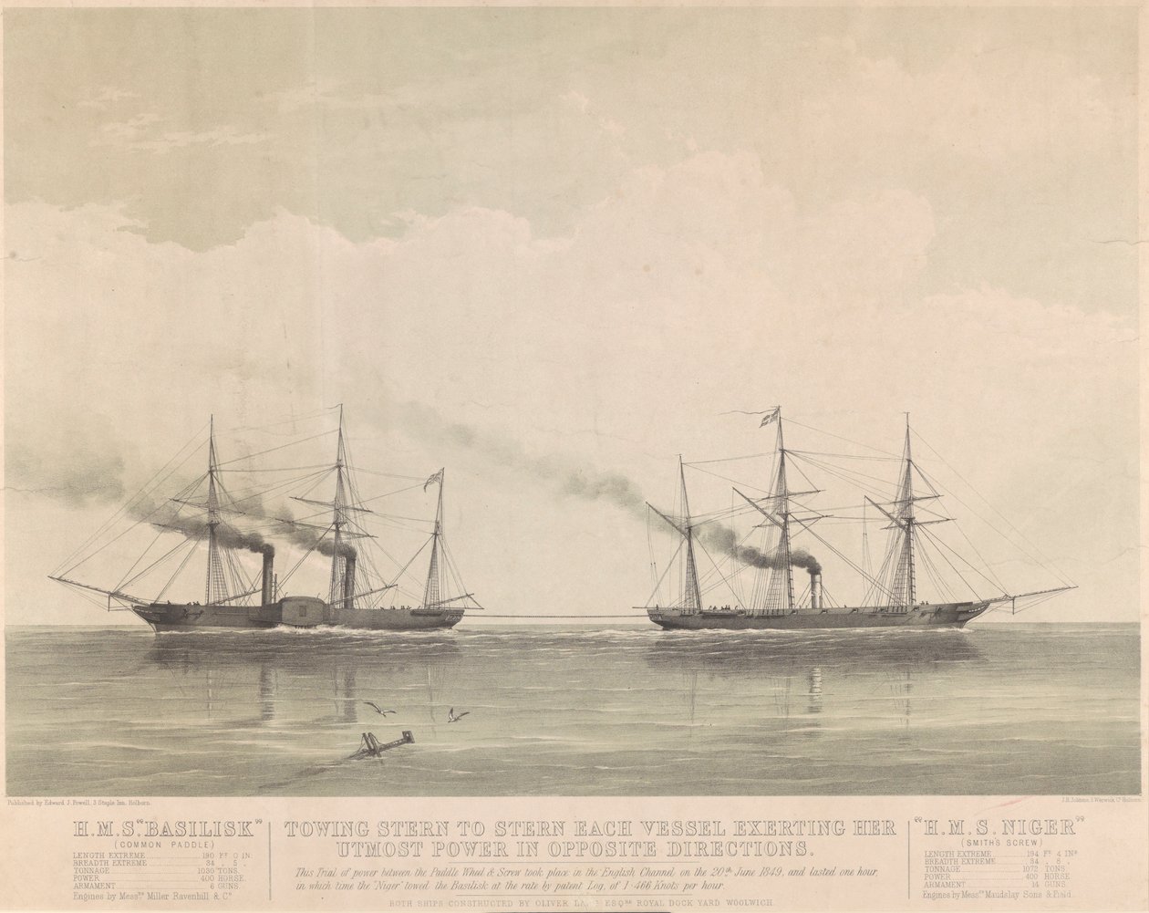 英国皇家海军 "巴西里斯克 "号和 "尼日尔 "号，1849 年 6 月 20 日，约 1849 年（石版画） 作者 JR乔宾斯
