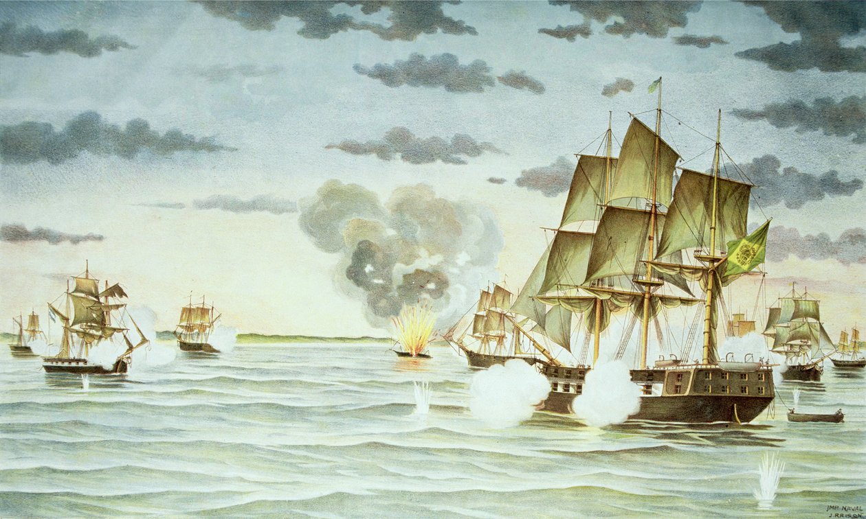 乌拉圭和巴西之间的顺铂战争（1825-28 年）期间的基尔梅斯战役（雕刻） 作者 J·雷森