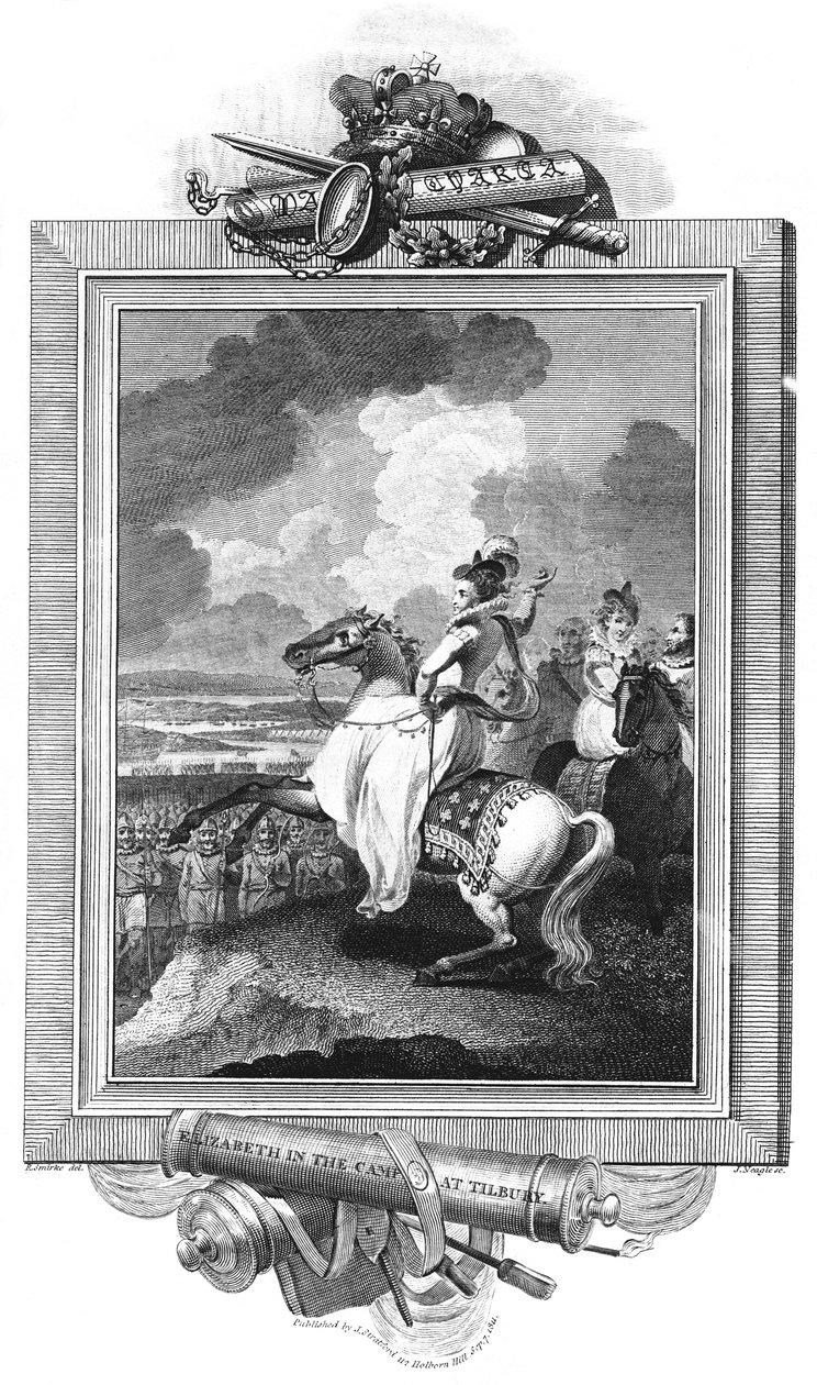 伊丽莎白（Elizabeth）在蒂尔伯里（Tilbury）的营地中，1811年 作者 罗杰斯