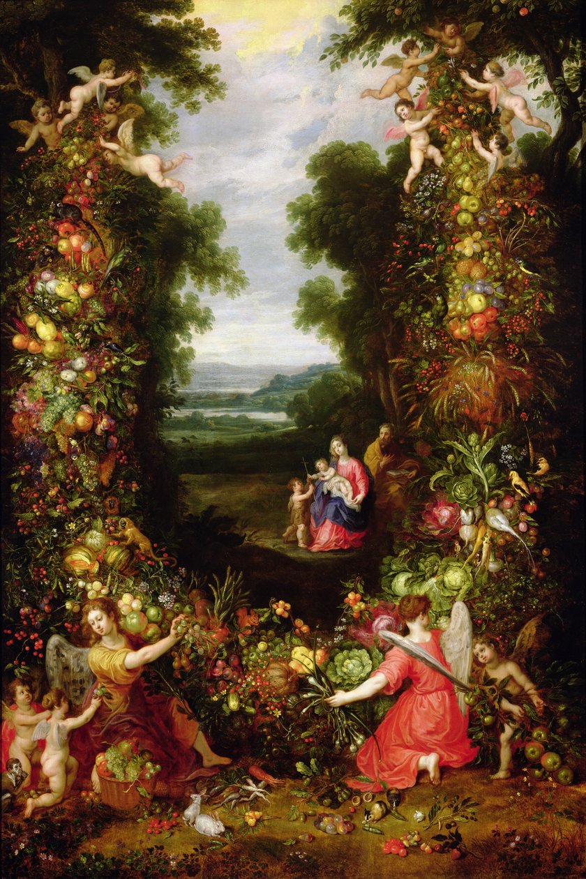 神圣家族在景观与水果和蔬菜的花环（面板） 作者 J.和Avont，P。van Brueghel