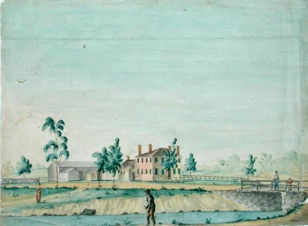 威廉-罗杰斯之家，马萨诸塞州比勒里卡，约1820年（纸上水彩和墨）。 作者 贾贝兹·沃德·巴顿