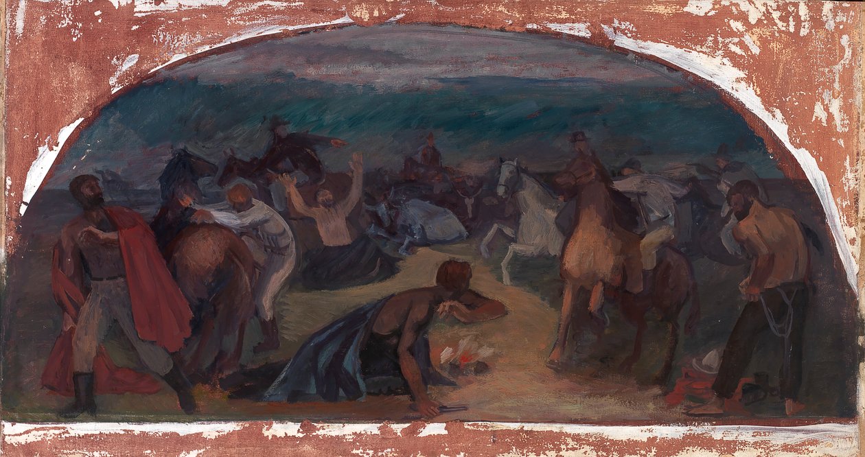 盗牛者对警察的惊讶壁画研究，伯恩斯，俄勒冈州邮局，1941年。 作者 杰克威尔金森