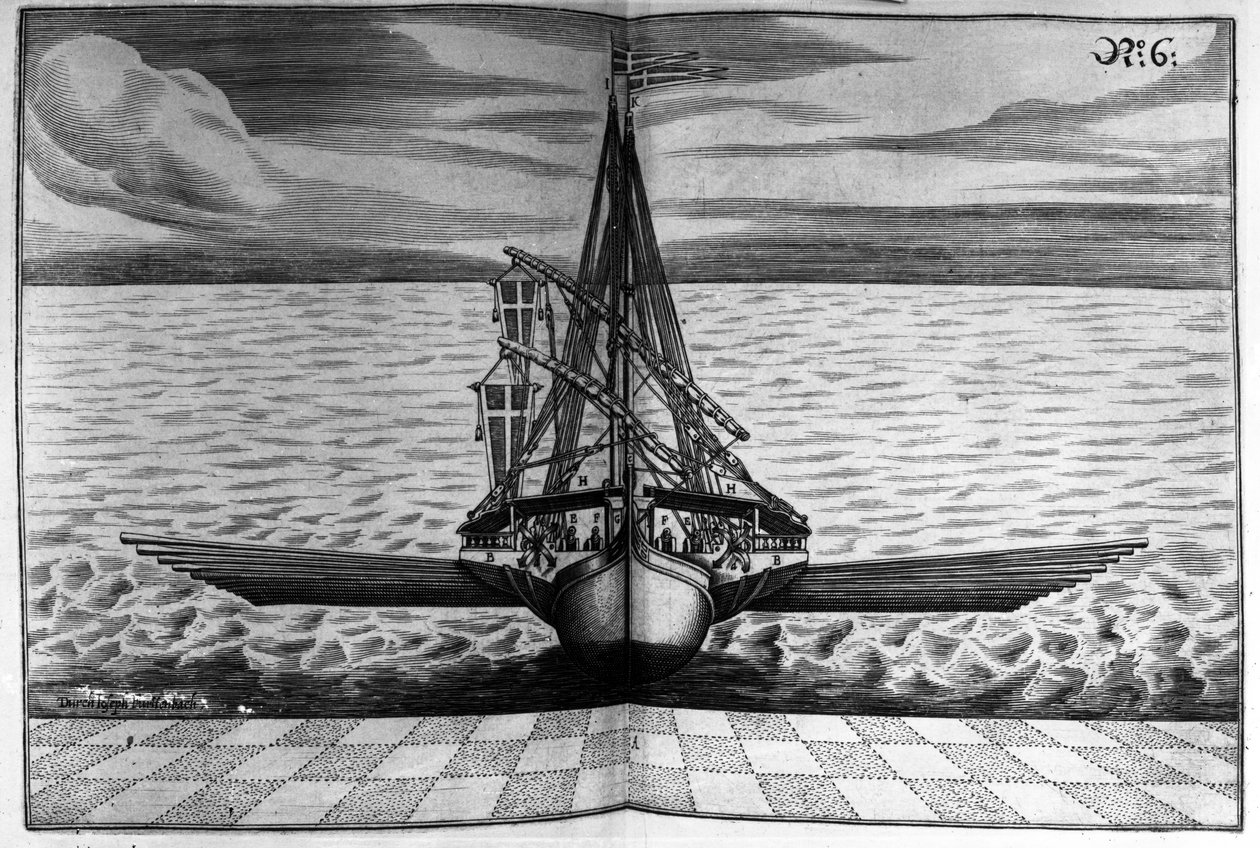 一艘军舰与两个桅杆的前视图，来自&39;Architectura Martialis&39;的插图来自Joseph Furrtenbach，出版于1629年 作者 雅各布·库斯托迪斯（Jacob Custodis）