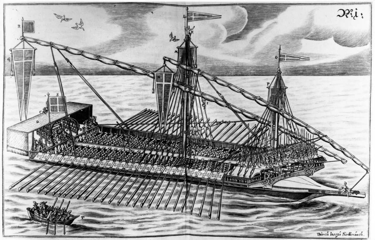 军舰，来自约瑟夫弗尔滕巴赫的&39;Architectura Martialis&39;的插图，出版于1629年 作者 雅各布·库斯托迪斯（Jacob Custodis）