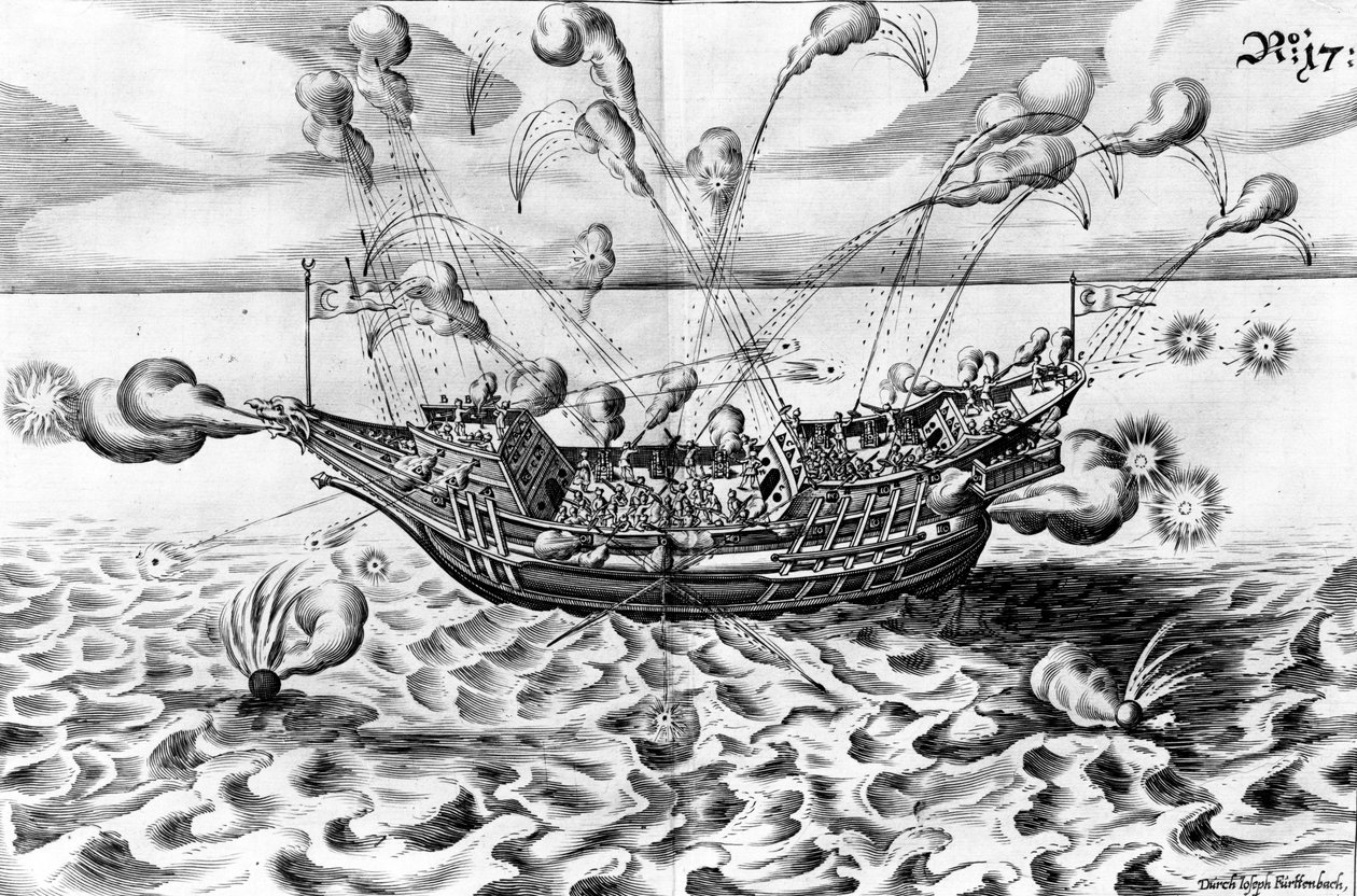 军舰，来自&39;Architectura Martialis&39;的插图，于1629年出版 作者 雅各布·库斯托迪斯（Jacob Custodis）