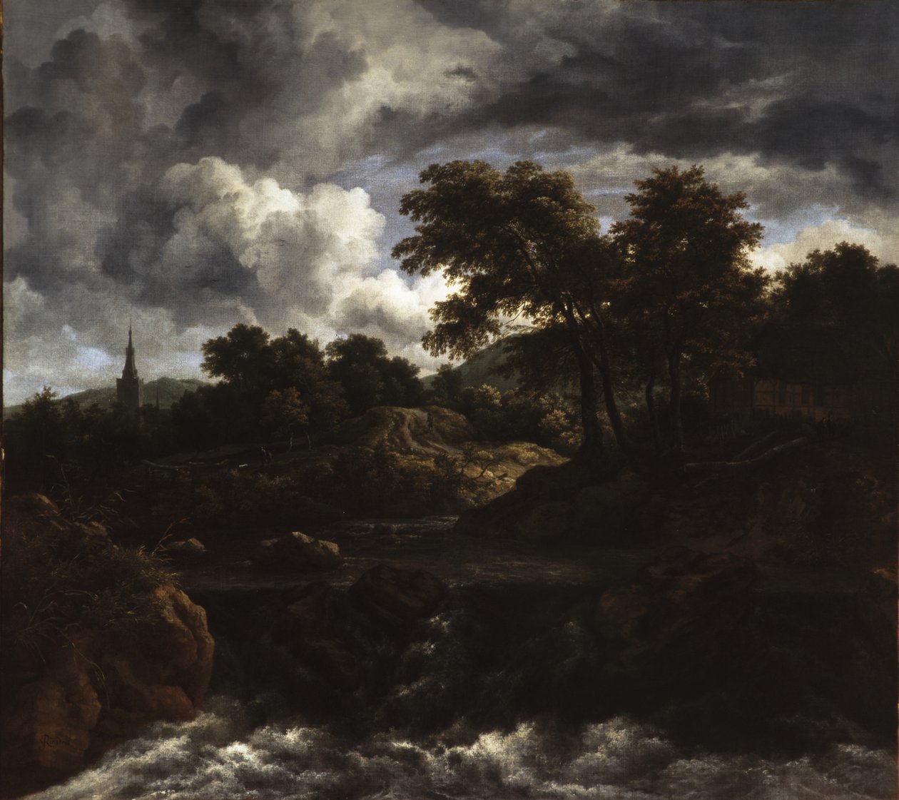 与瀑布的树木繁茂的风景，c.1660 作者 雅各布范瑞斯达尔