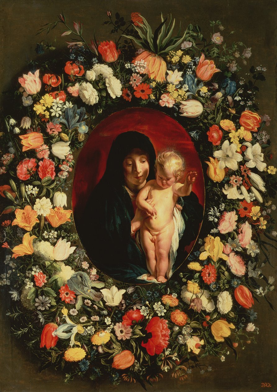 麦当娜和儿童用鲜花缠绕，c.1618 作者 雅各布·乔丹斯