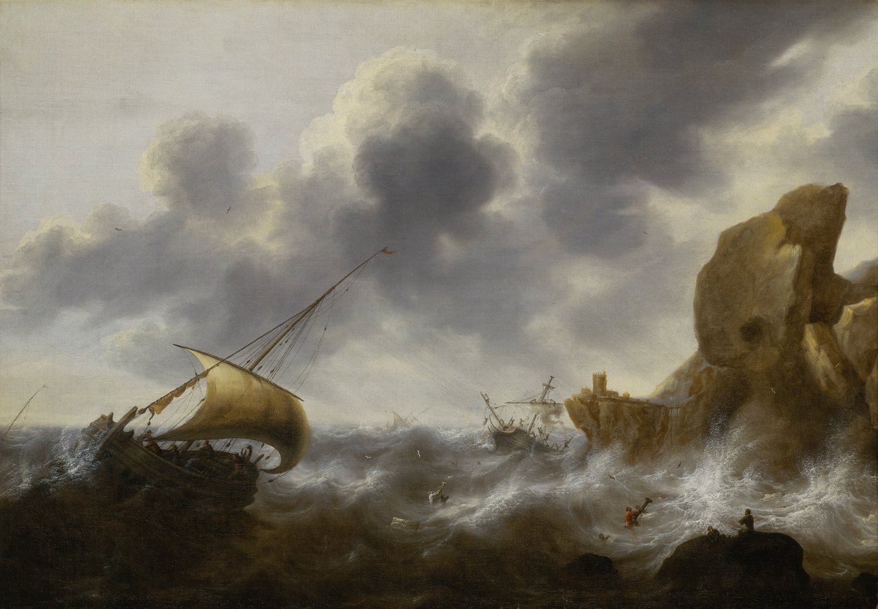 暴风雨中的岩石海岸渔船与沉船，约 1664-65 年（油画） 作者 雅各布·阿德里安斯。贝勒瓦