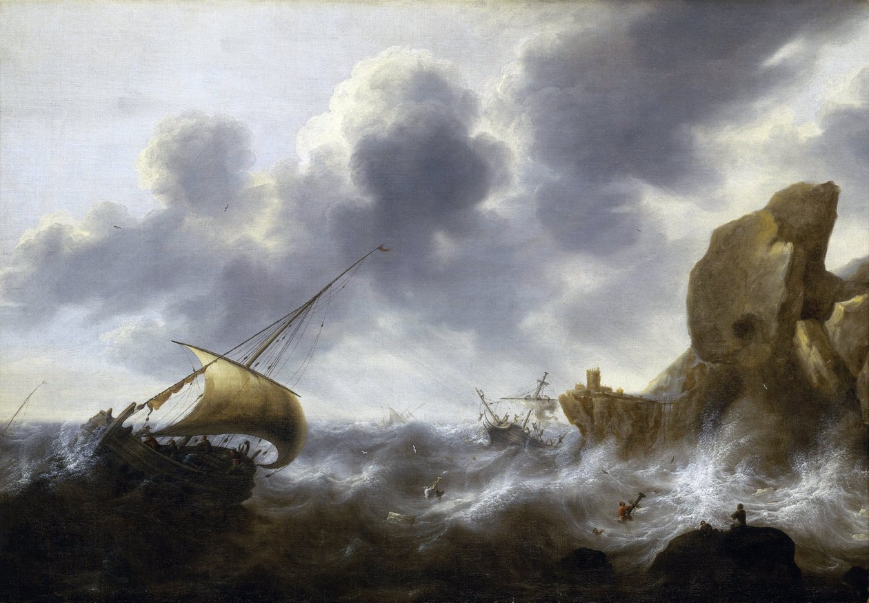 一艘渔船在岩石海岸附近遭遇风暴，船身遇难。Jacob Adriaensz Bellevois（1621-1675 年）的布面油画。 作者 雅各布·阿德里安斯。贝勒瓦