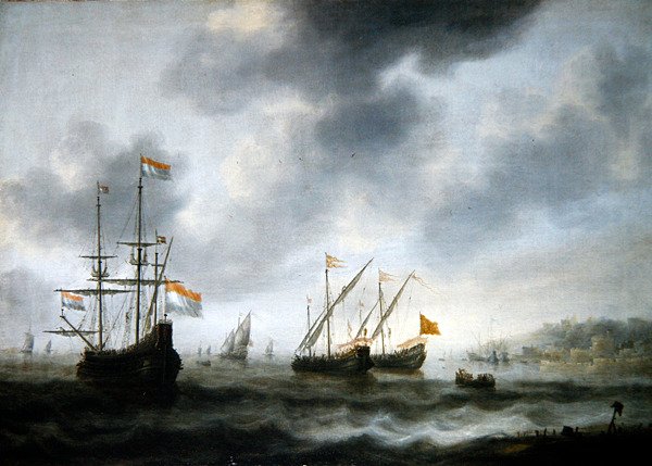 荷兰旗舰De Roode Leeuw和两艘英国船只（布面油画） 作者 雅各布·阿德里安斯。贝勒瓦