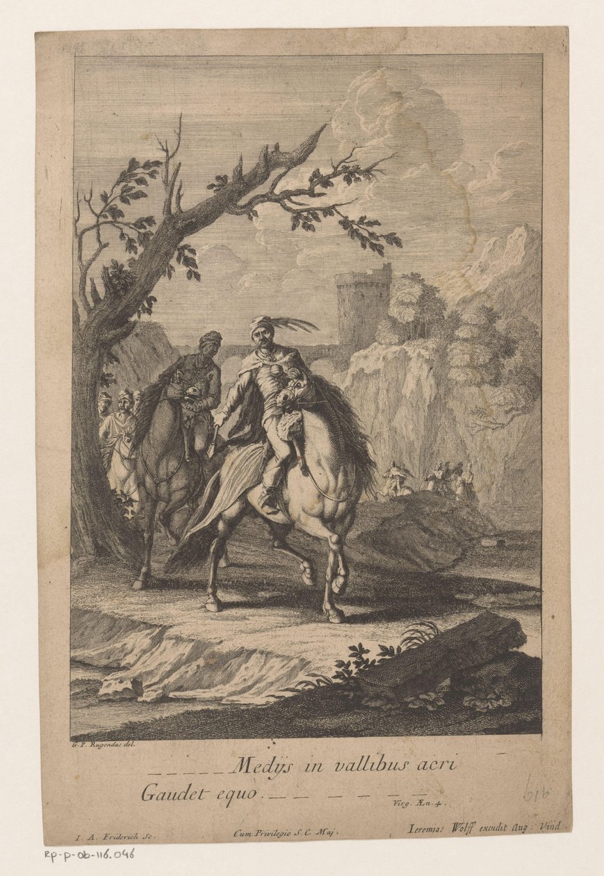 骑兵穿过山谷
Medijs in vallibus acri Gaudet equo（物上标题） 作者 雅各布·安德烈亚斯·弗里德里希 (I)
