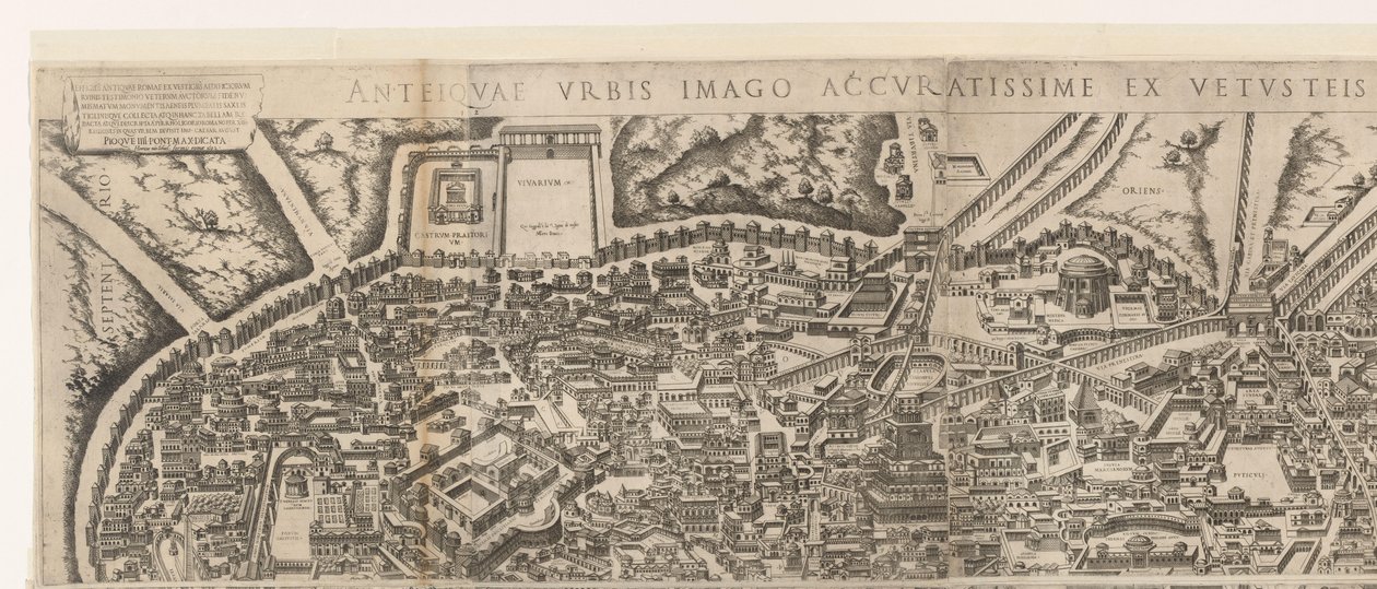 奥古斯都皇帝时期的罗马地图（首页）
Anteiquae urbis imago accuratissime ex vetusteis monumenteis formata（物品上的标题）
古罗马遗像（文物标题） 作者 雅各布·博斯