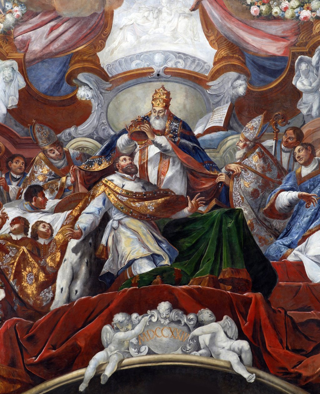 Sacre (Couronnement) de Charlemagne (742 - 814) en 800 par le Pape Leon III - 教皇利奥三世在 800 par Stauder, Jacob Carl (1694-1756) 为查理大帝加冕 作者 雅各布·卡尔·施陶德