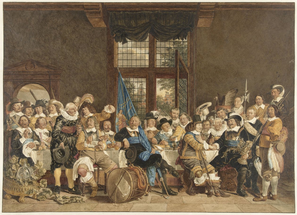 1648 年 6 月 18 日，在阿姆斯特丹 Voetboogdoelen 举行的弓箭手餐会，庆祝明斯特和约的缔结 作者 雅各布猫
