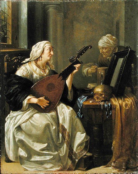 约 1660 年，拿着西奥波的女人，Vanitas（油画板） 作者 雅各布鸭
