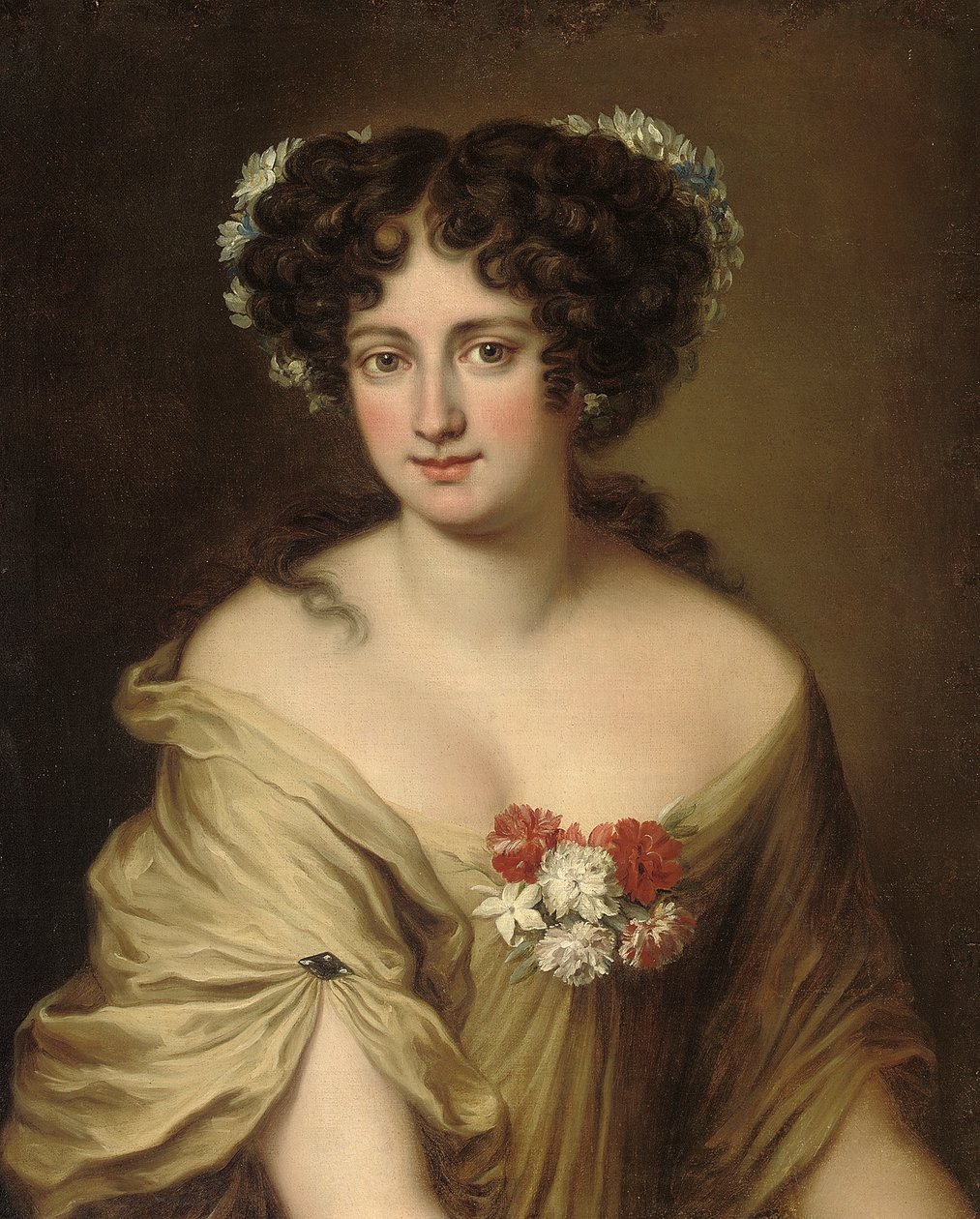 Contessa Ortensia Ianni Stella的肖像，胸围长，在象牙衬裙中，花开 作者 雅各布·费迪南德·沃特