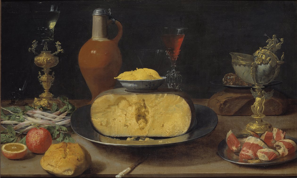 Nature morte de petit dejeuner avec fromage et verres a pied - Breakfast Still Life with Cheese and Goblet, by Van Es, Jacob Foppens (ca 1596-1666). Oil on wood. Dimension : 50x84 cm. Nationalmuseum Stockholm 作者 雅各布·福彭斯·范·埃斯